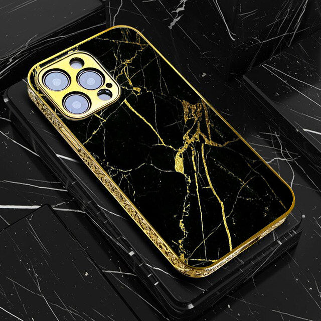 iPhone All Models Black Marble Series - Premium Electroplated Infinity Ultra Shine Glass Soft Silicon Borders Case