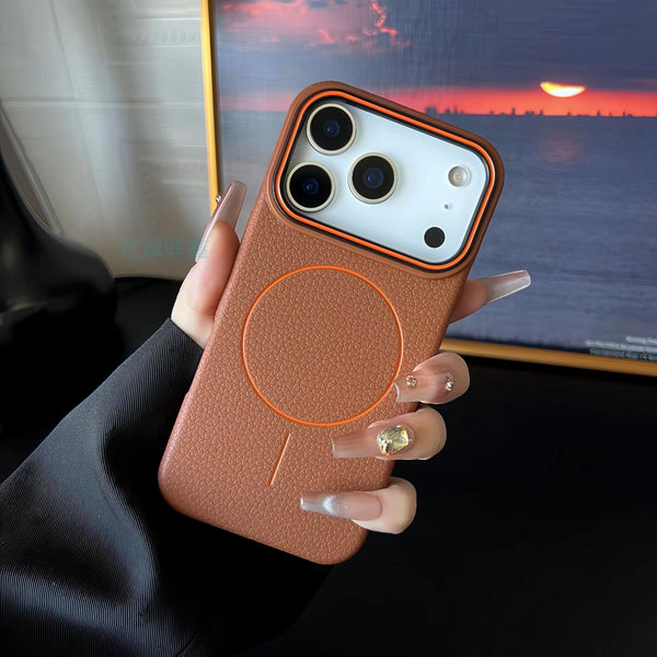iPhone 17 Pro Max - Branded Leather Texture MagSafe Compatible Anti-Slip Soft Case