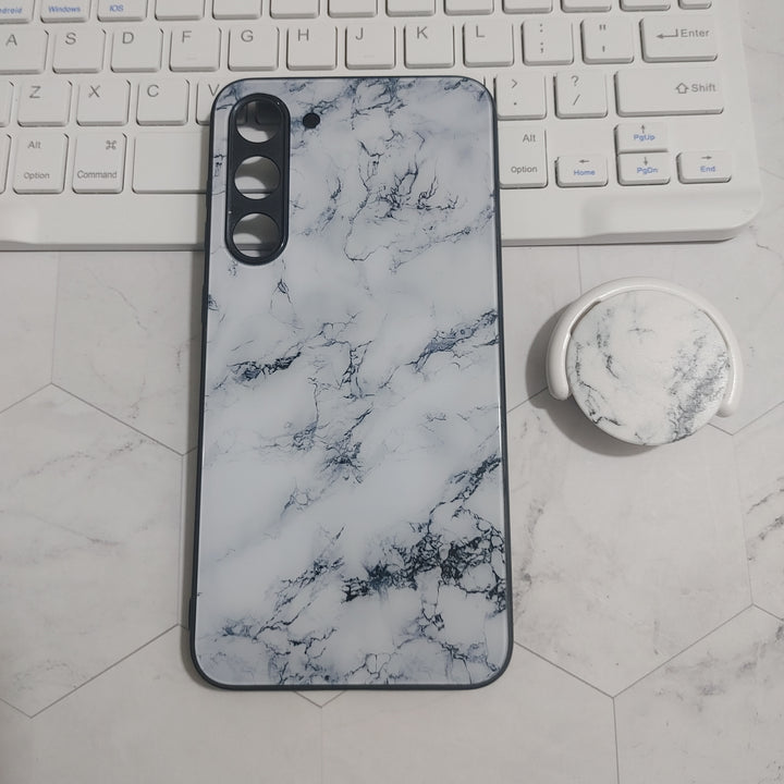 Samsung Galaxy S23 Plus - White Marble Design 7  - Premium Metal Printed soft Bumper shock Proof Case  with Pop - Socket  CS-25933