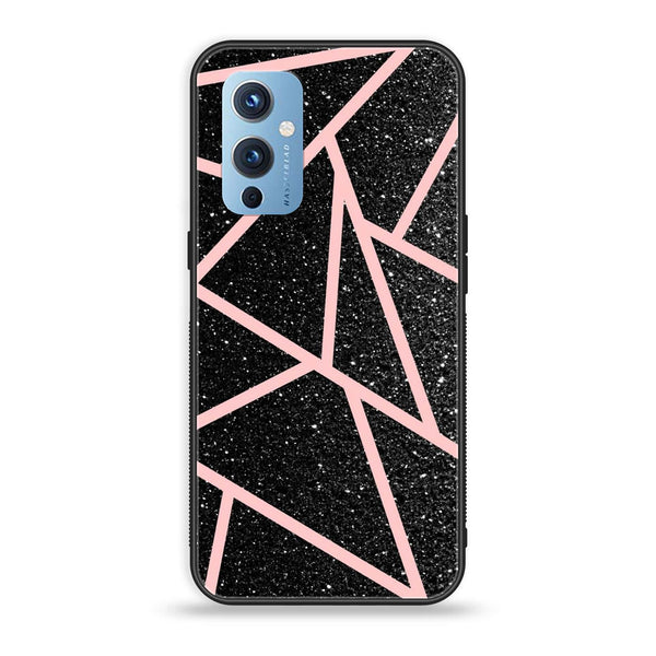 OnePlus 9 - Black Sparkle Glitter With RoseGold Lines - Premium Printed Glass soft Bumper Shock Proof Case