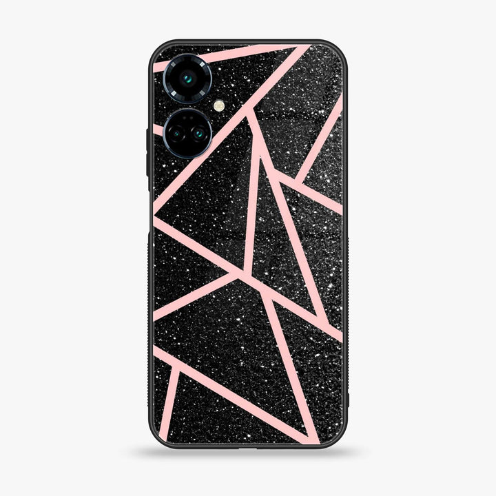 Tecno Camon 19 - Black Sparkle Glitter With RoseGold Lines - Premium Printed Glass soft Bumper Shock Proof Case