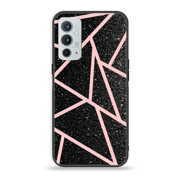 OnePlus 9RT 5G - Black Sparkle Glitter With RoseGold Lines - Premium Printed Glass soft Bumper Shock Proof Case