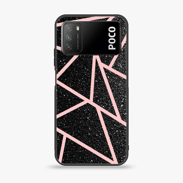 Xiaomi Poco M3 - Black Sparkle Glitter With RoseGold Lines - Premium Printed Glass soft Bumper Shock Proof Case