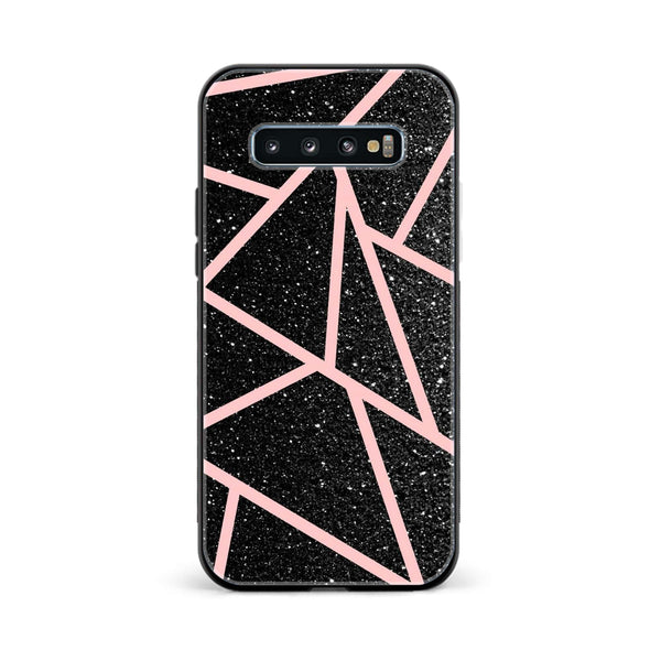 Galaxy S10 Plus - Black Sparkle Glitter With RoseGold Lines - Premium Printed Glass soft Bumper Shock Proof Case