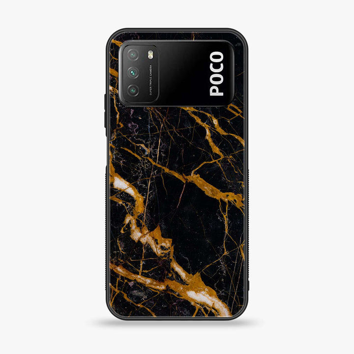 Xiaomi Poco M3 - Golden Black Marble - Premium Printed Glass soft Bumper Shock Proof Case