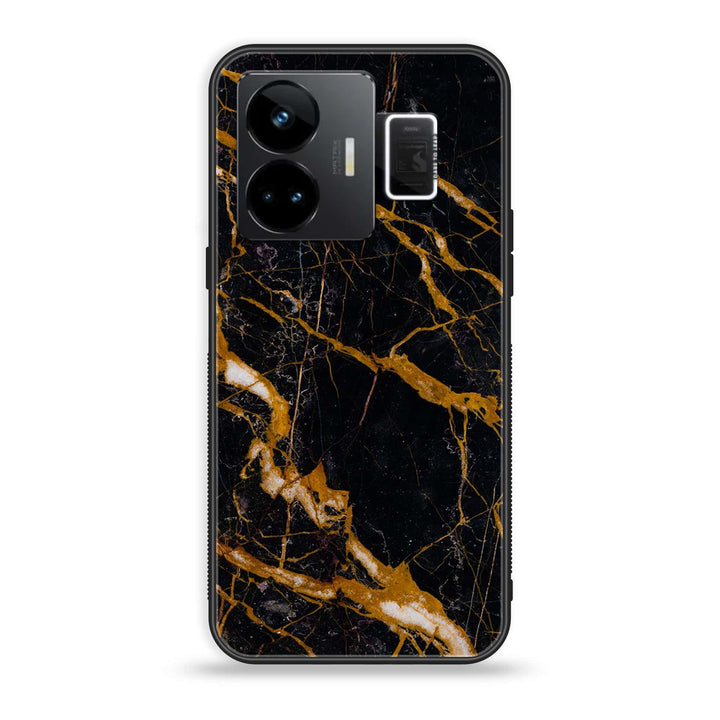 Realme GT3 - Golden Black Marble - Premium Printed Glass soft Bumper Shock Proof Case