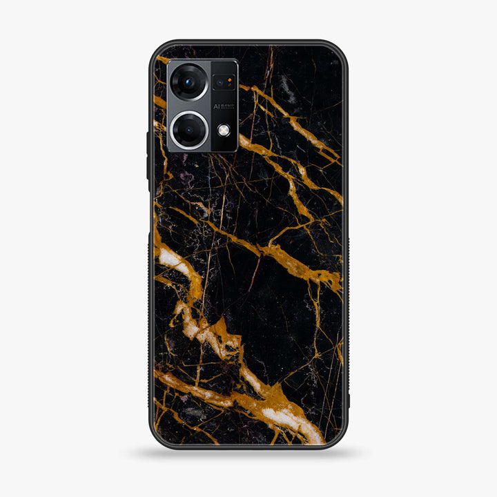 Oppo Reno 7 - Golden Black Marble - Premium Printed Glass soft Bumper Shock Proof Case CS-38396