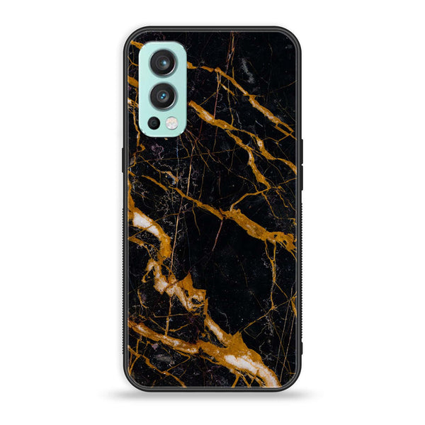 OnePlus Nord 2 5G - Golden Black Marble - Premium Printed Glass soft Bumper Shock Proof Case
