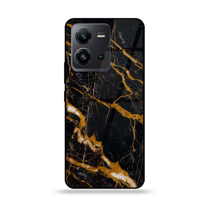 Vivo V25e - Golden Black Marble - Premium Printed Glass soft Bumper Shock Proof Case
