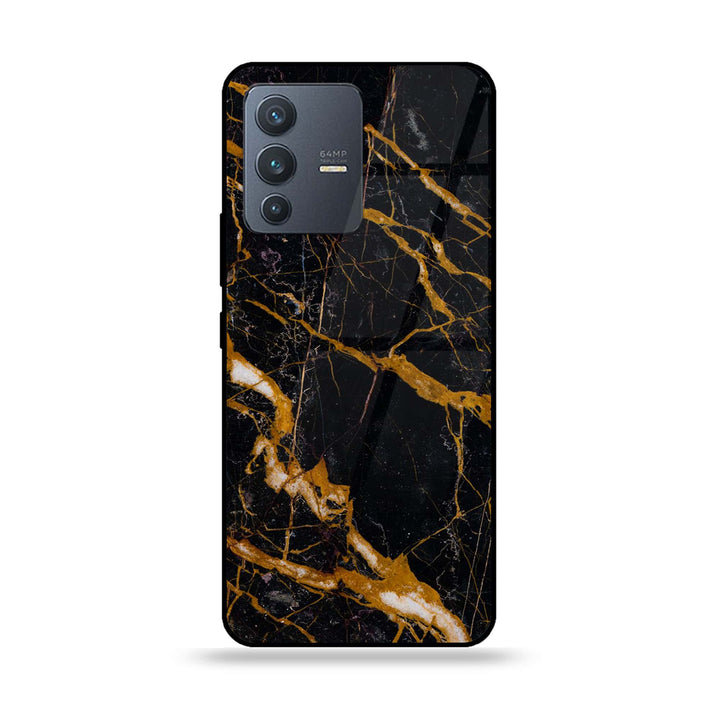 Vivo V23 5G - Golden Black Marble - Premium Printed Glass soft Bumper Shock Proof Case