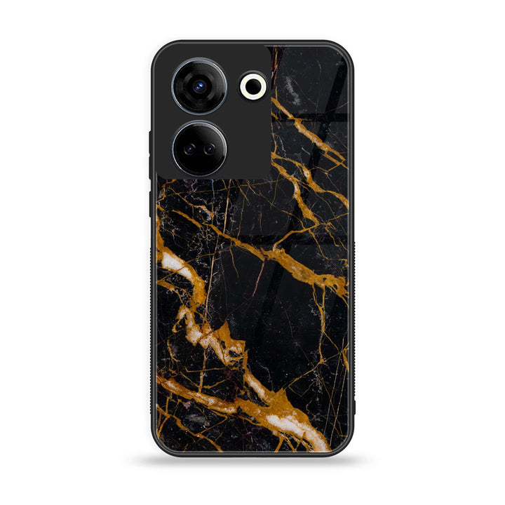 Tecno Camon 20 - Golden Black Marble - Premium Printed Glass soft Bumper shock Proof Case  CS-18900