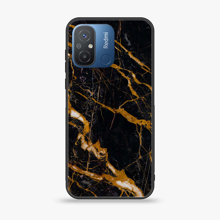 Xiaomi Redmi 12C - Golden Black Marble - Premium Printed Glass soft Bumper Shock Proof Case