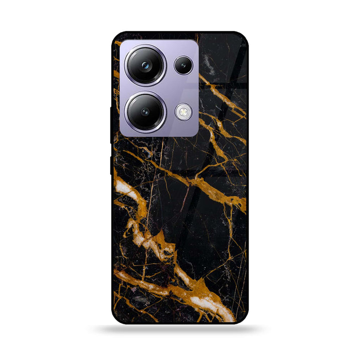 POCO M6 Pro - Golden Black Marble - Premium Printed Glass soft Bumper Shock Proof Case