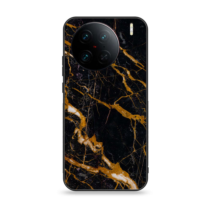 Vivo X90 Pro - Golden Black Marble - Premium Printed Glass soft Bumper Shock Proof Case