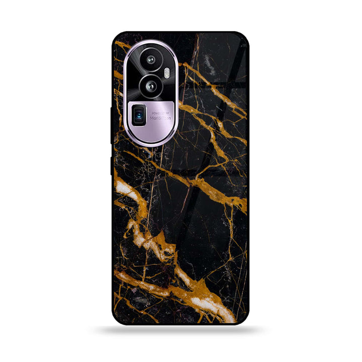 Oppo Reno 10 Pro Plus - Golden Black Marble - Premium Printed Glass soft Bumper Shock Proof Case
