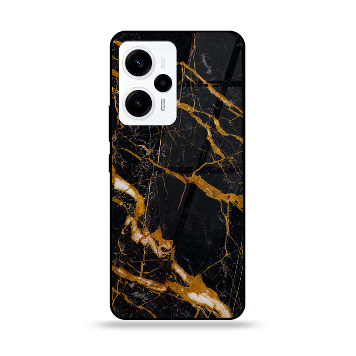 Xiaomi Poco F5 - Golden Black Marble - Premium Printed Glass soft Bumper Shock Proof Case