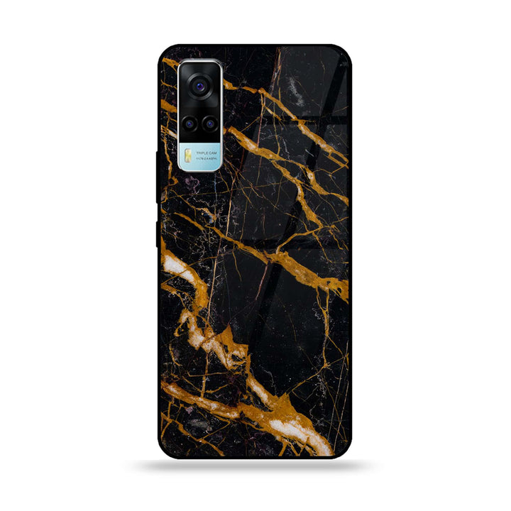 Vivo Y53s 4G - Golden Black Marble - Premium Printed Glass soft Bumper Shock Proof Case