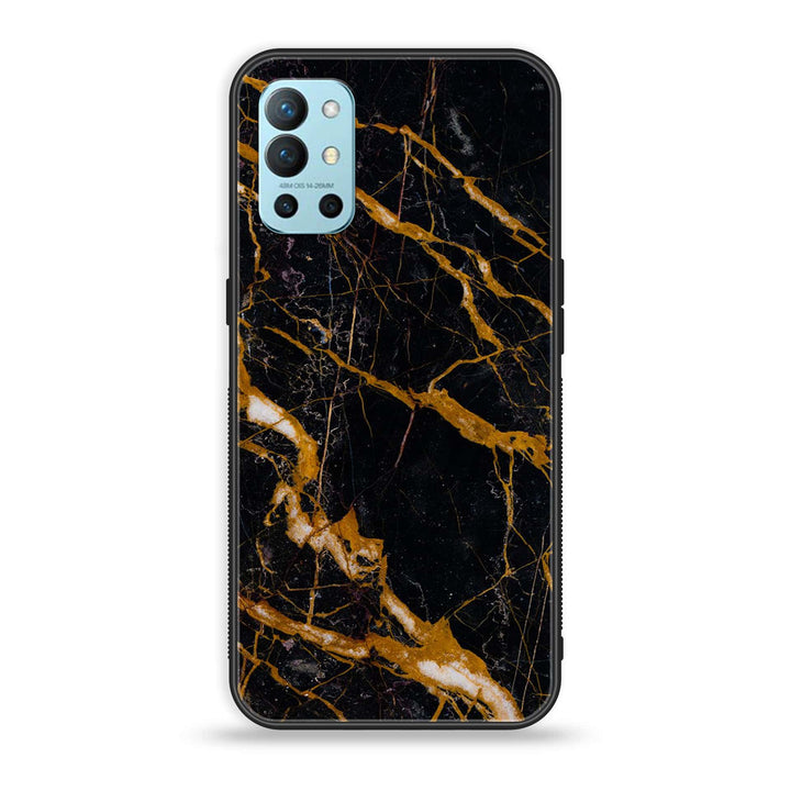 OnePlus 9R - Golden Black Marble - Premium Printed Glass soft Bumper Shock Proof Case