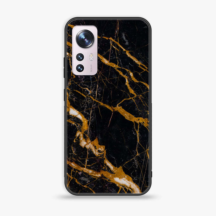 Xiaomi 12 - Golden Black Marble - Premium Metal Printed soft Bumper shock Proof Case