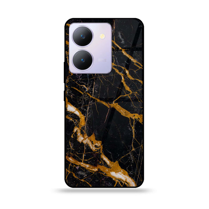 Vivo Y27 5G - Golden Black Marble - Premium Printed Glass soft Bumper Shock Proof Case