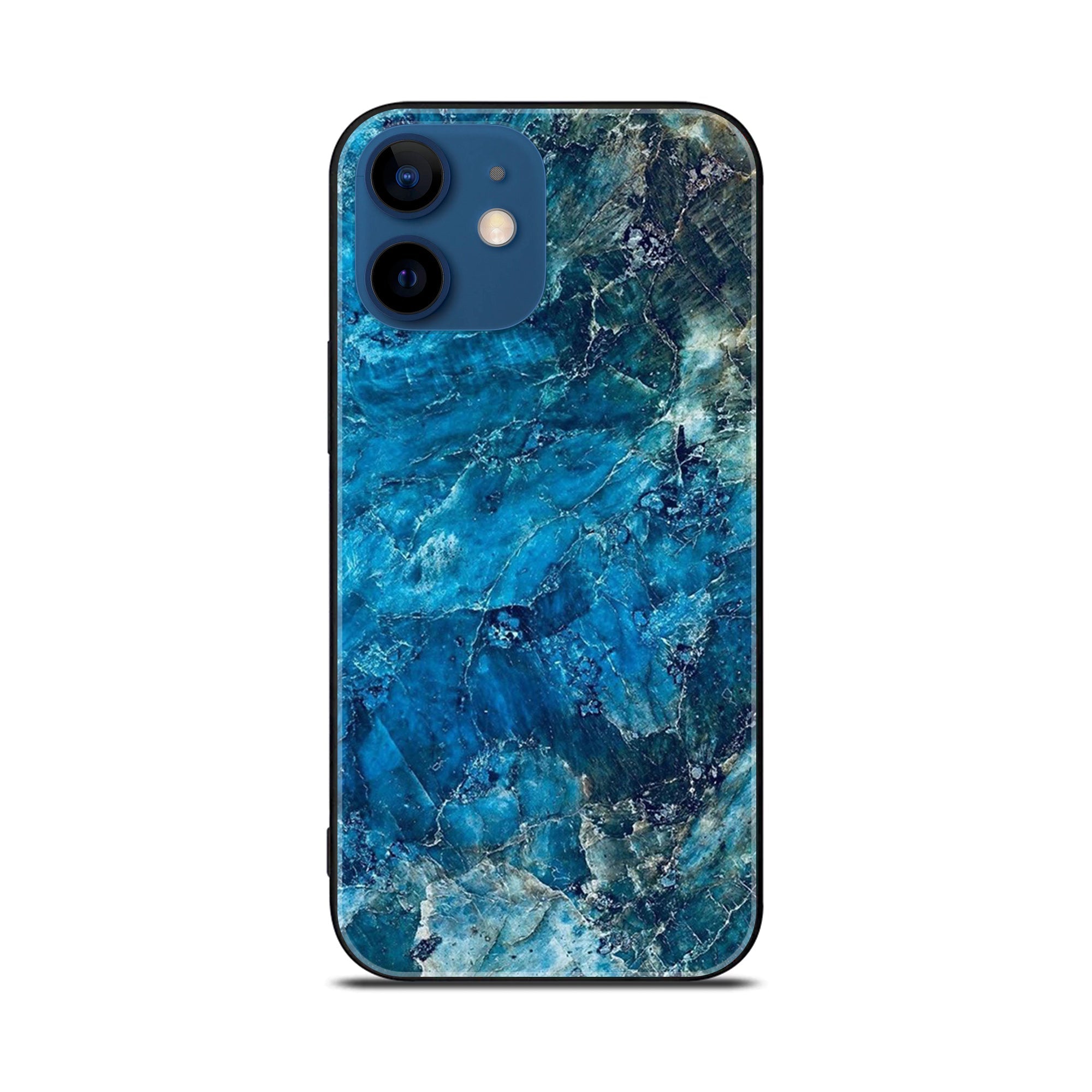 iPhone 12 Blue Marble Series  Premium Printed Glass soft Bumper shock Proof Case