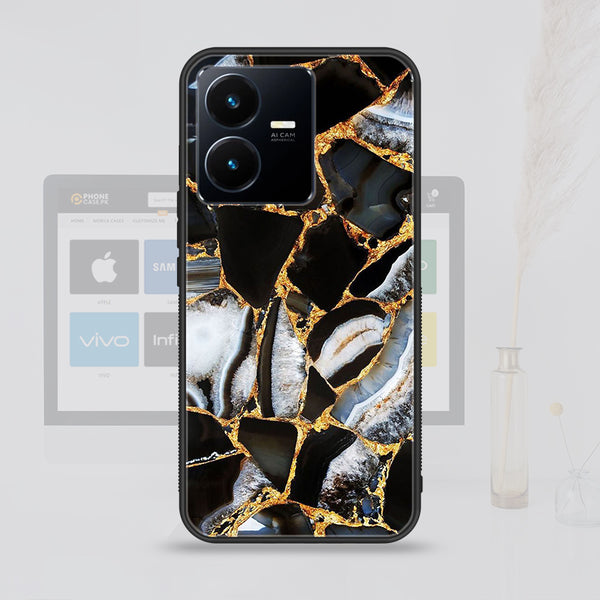 Vivo Y22  Black Marble Design 5 Premium Printed Glass soft Bumper shock Proof Case CS-16329