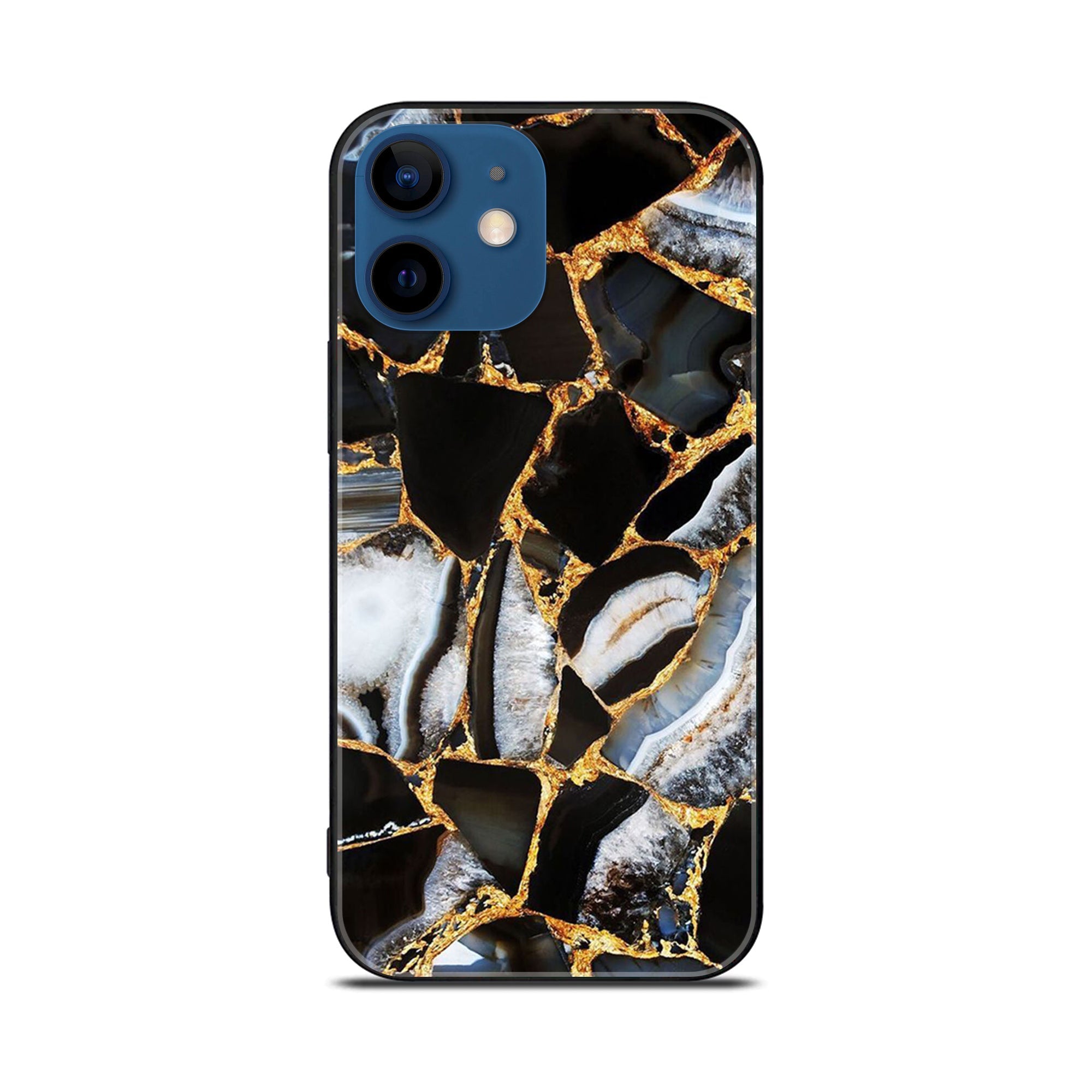 iPhone 12  Black Marble Series  Premium Printed Glass soft Bumper shock Proof Case
