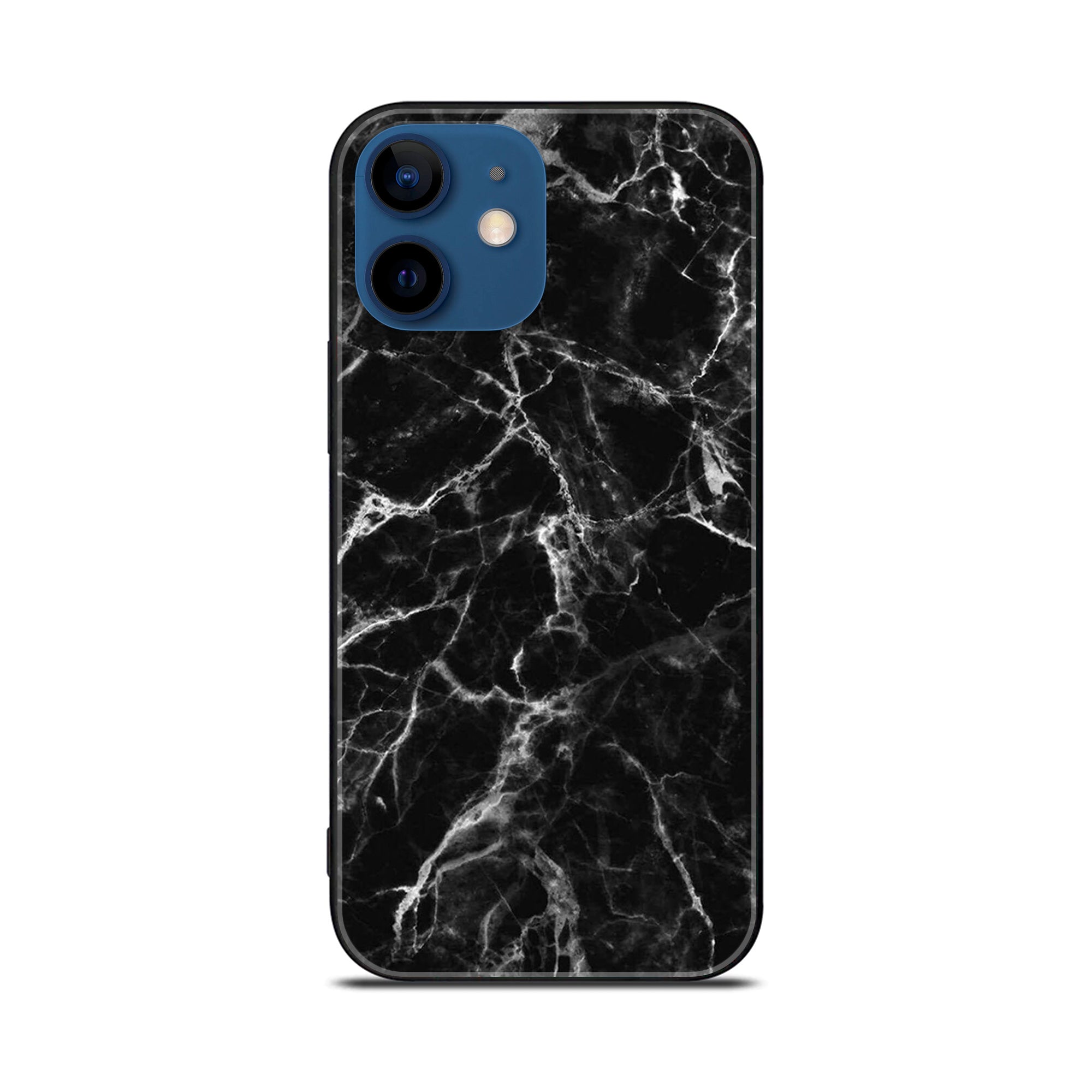 iPhone 12 Mini Black Marble Series  Premium Printed Glass soft Bumper shock Proof Case