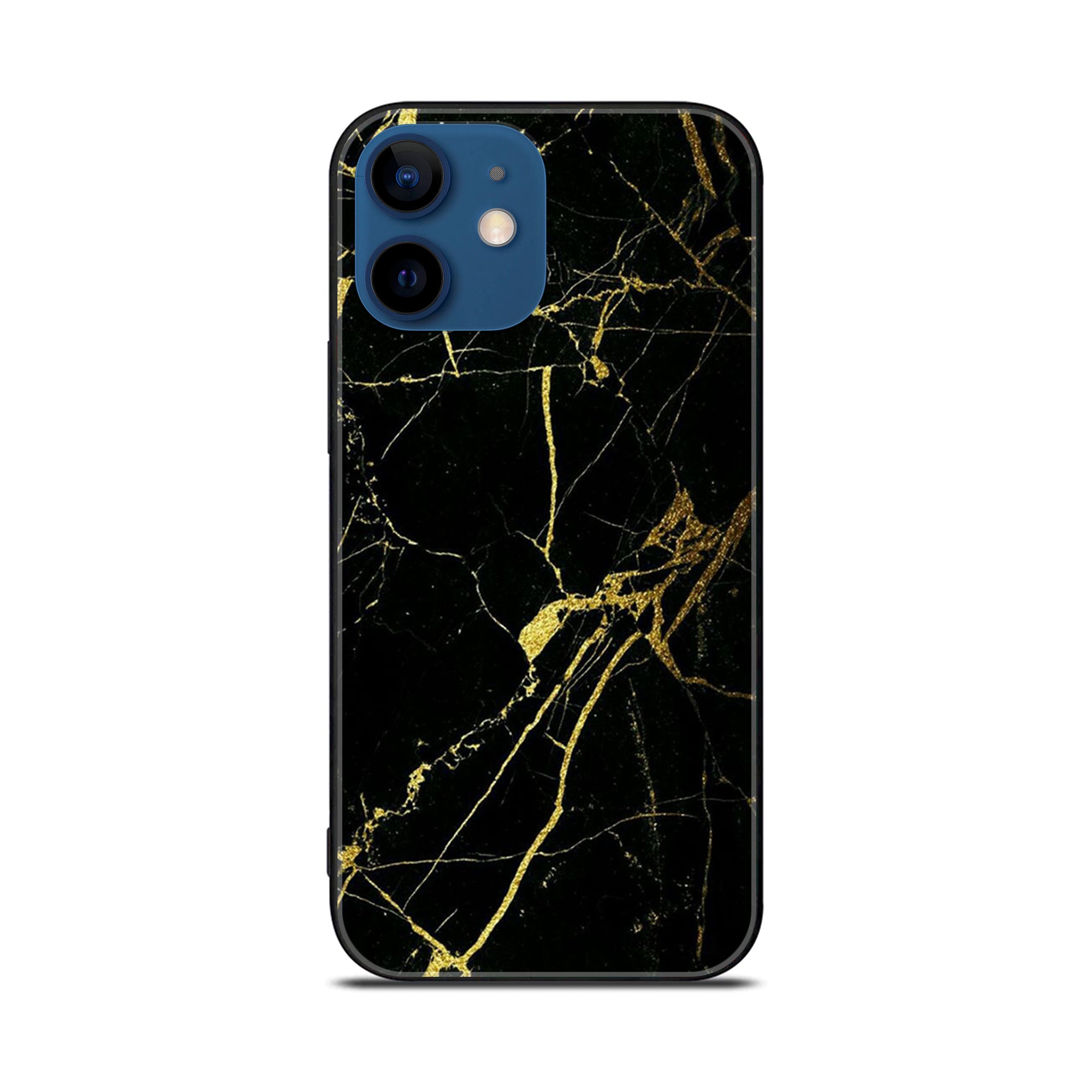iPhone 12 Mini Black Marble Series  Premium Printed Glass soft Bumper shock Proof Case