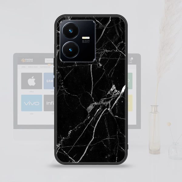 Vivo Y22  Black Marble Design 2  Premium Printed Glass soft Bumper shock Proof Case CS-15275