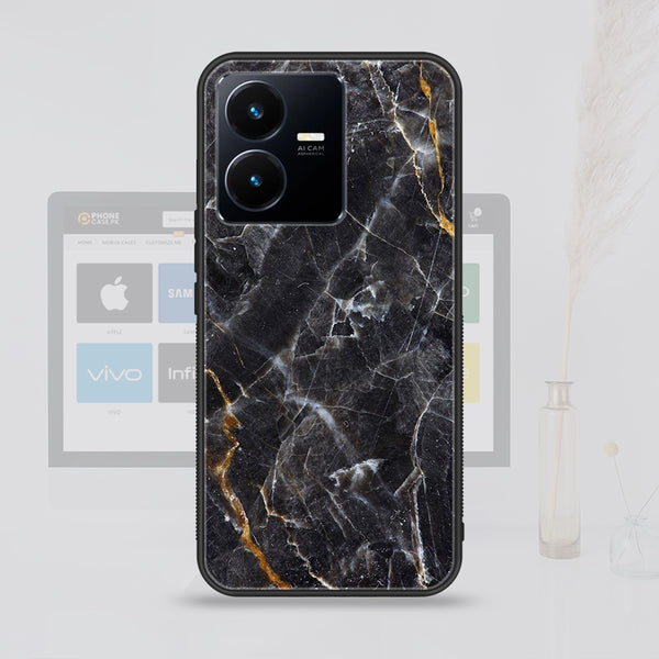 Vivo Y22   Black Marble v2.0Design 5  Premium Printed Glass soft Bumper shock Proof Case CS-18564