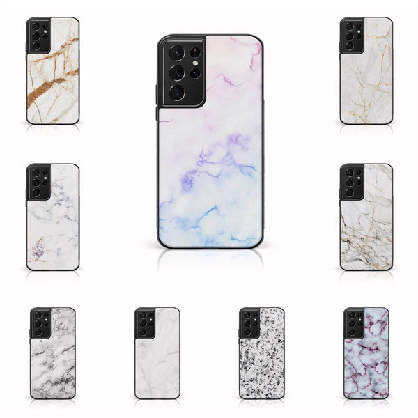 Galaxy S21 Ultra - White Marble Series - Premium Printed Glass soft Bumper shock Proof Case