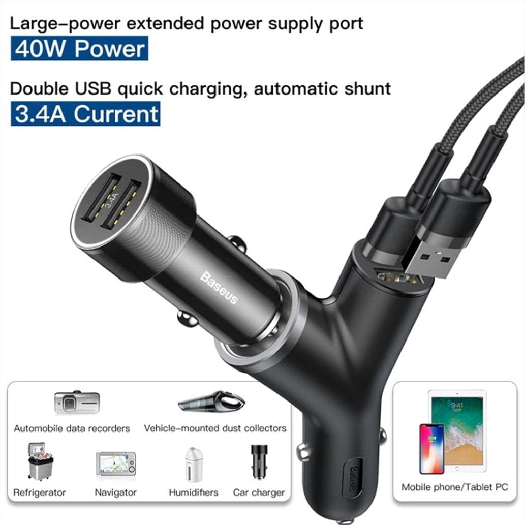 Baseus 40W Y Shape Fast Car Charger 3 in 1 - Phonecase.PK