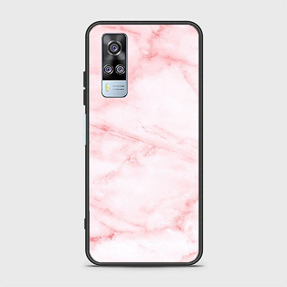 Vivo Y53s 4G Pink Marble Series  Premium Printed Glass soft Bumper shock Proof Case