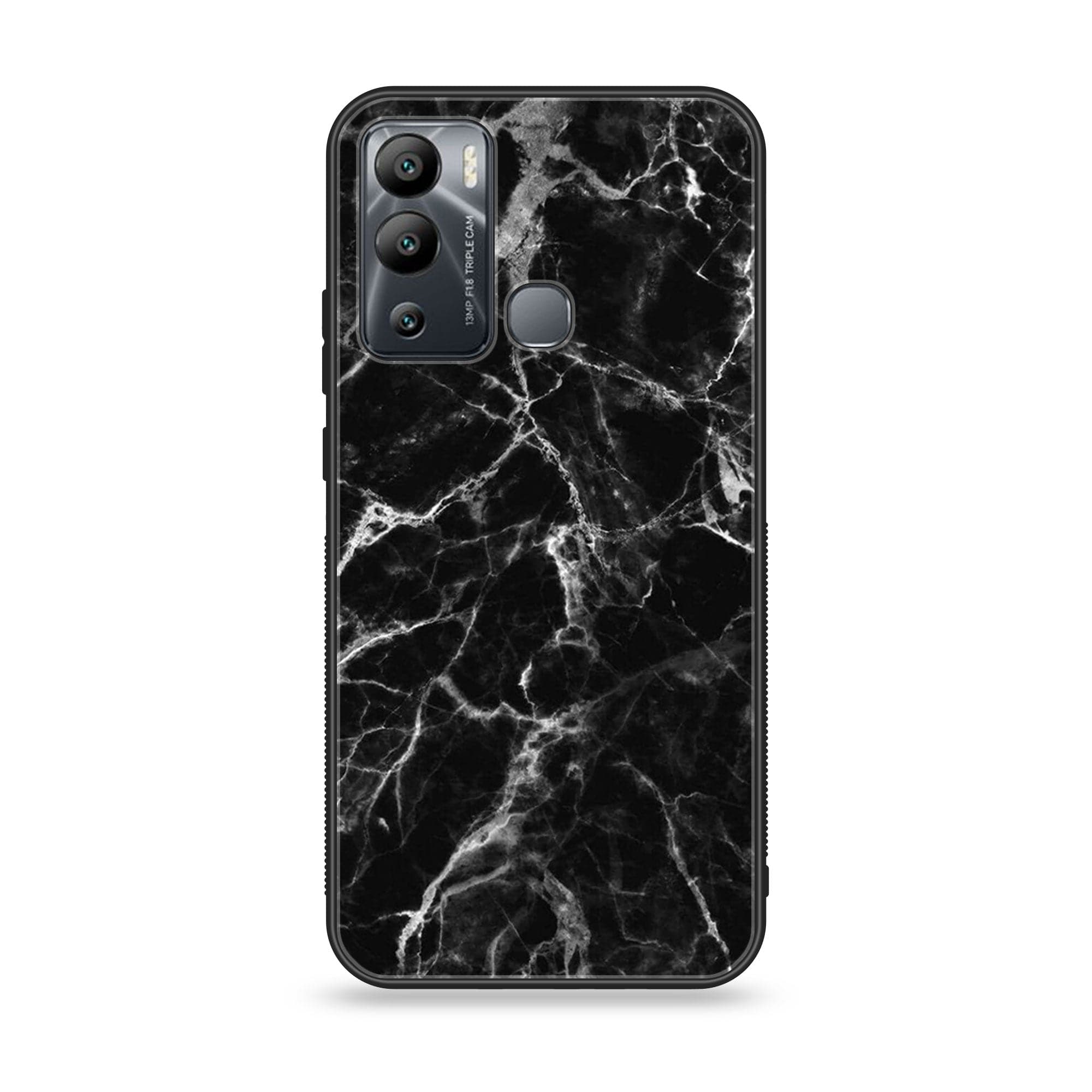 Infinix Hot 12i - Black Marble Series - Premium Printed Glass soft Bumper shock Proof Case