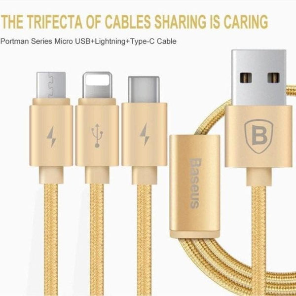 Baseus 3 In 1 Charging USB Charger Cable iPhone And All Android - Phonecase.PK