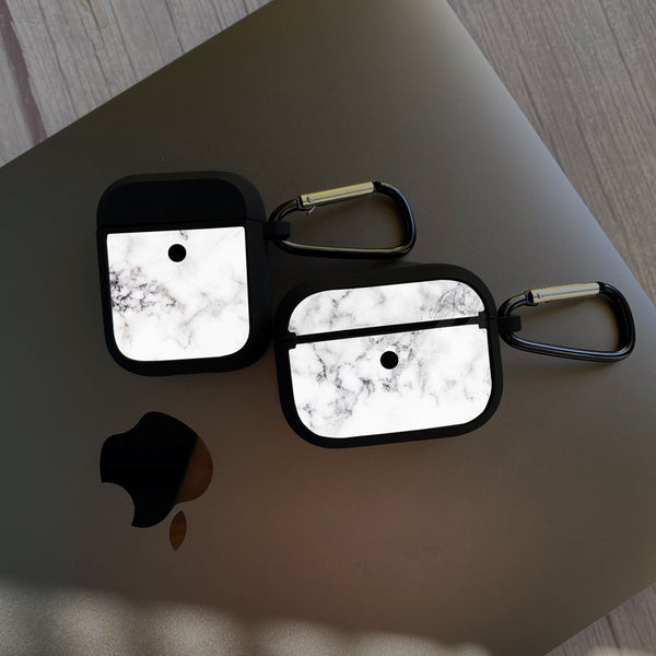 Apple Airpods Case - White Marble Series 10 - Premium Print with holding clip