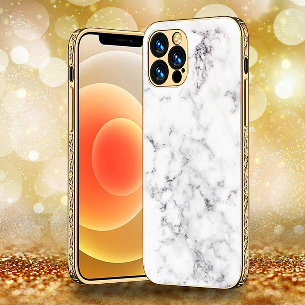 iPhone 13 Pro Max - White Marble Series - Premium Electroplated Infinity Ultra Shine Glass Soft Silicon Borders Case