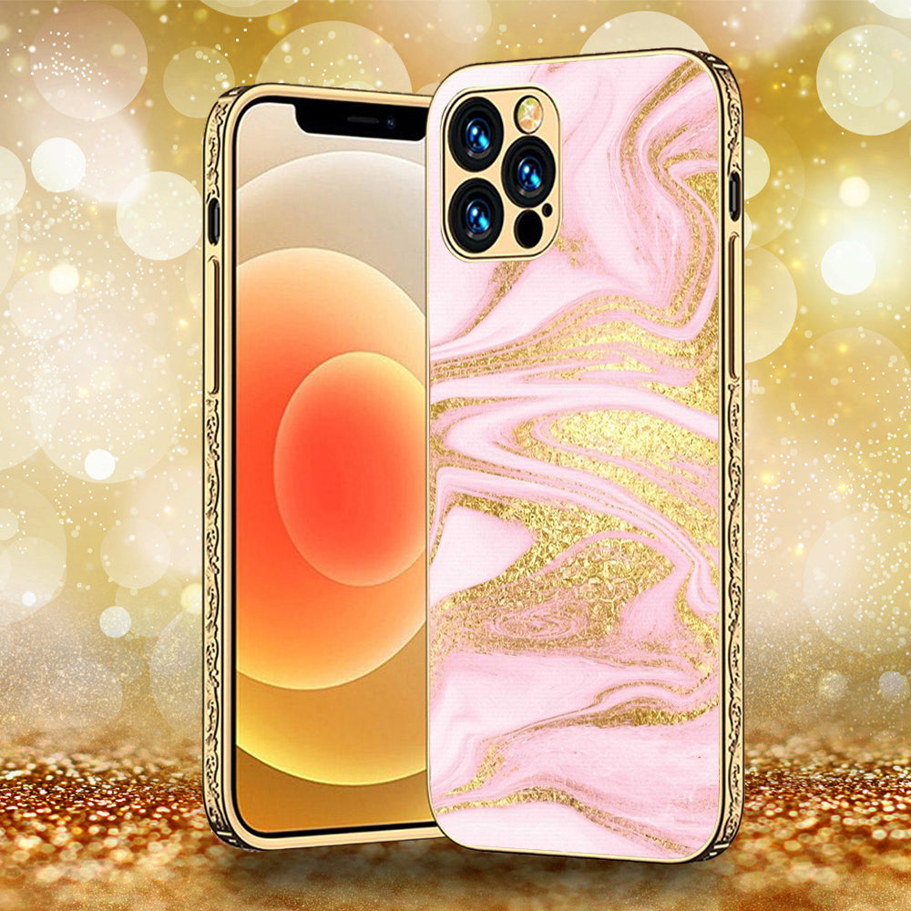 iPhone 13 Pro Max - Pink Marble Series - Premium Electroplated Infinity Ultra Shine Glass Soft Silicon Borders Case