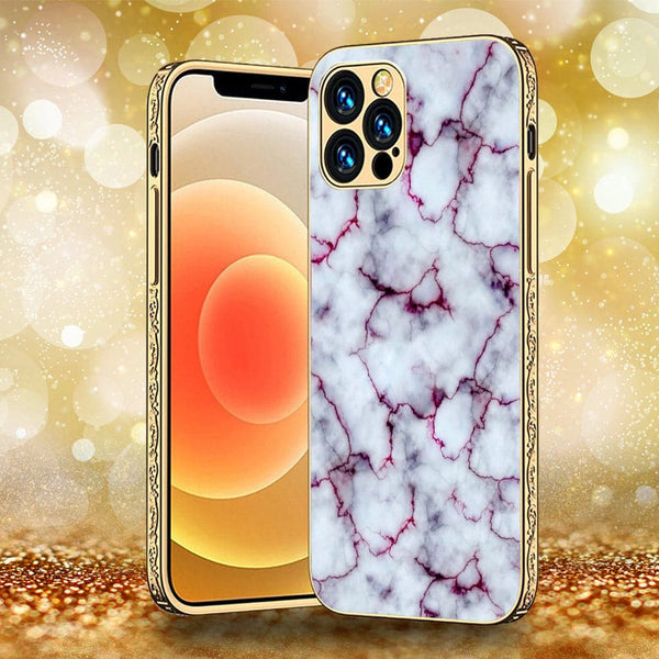 iPhone 12 Pro Max - White Marble Series - Premium Electroplated Infinity Ultra Shine Glass Soft Silicon Borders Case