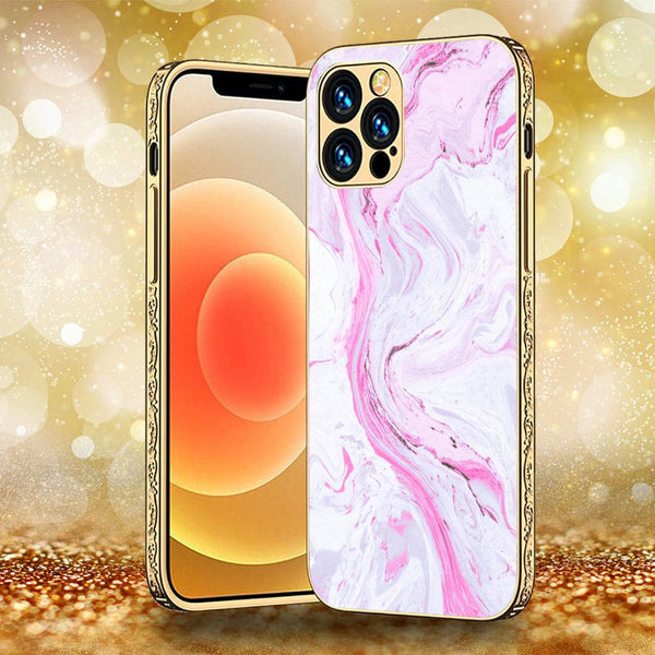 iPhone 12 Pro - Pink Marble Series - Premium Electroplated Infinity Ultra Shine Glass Soft Silicon Borders Case