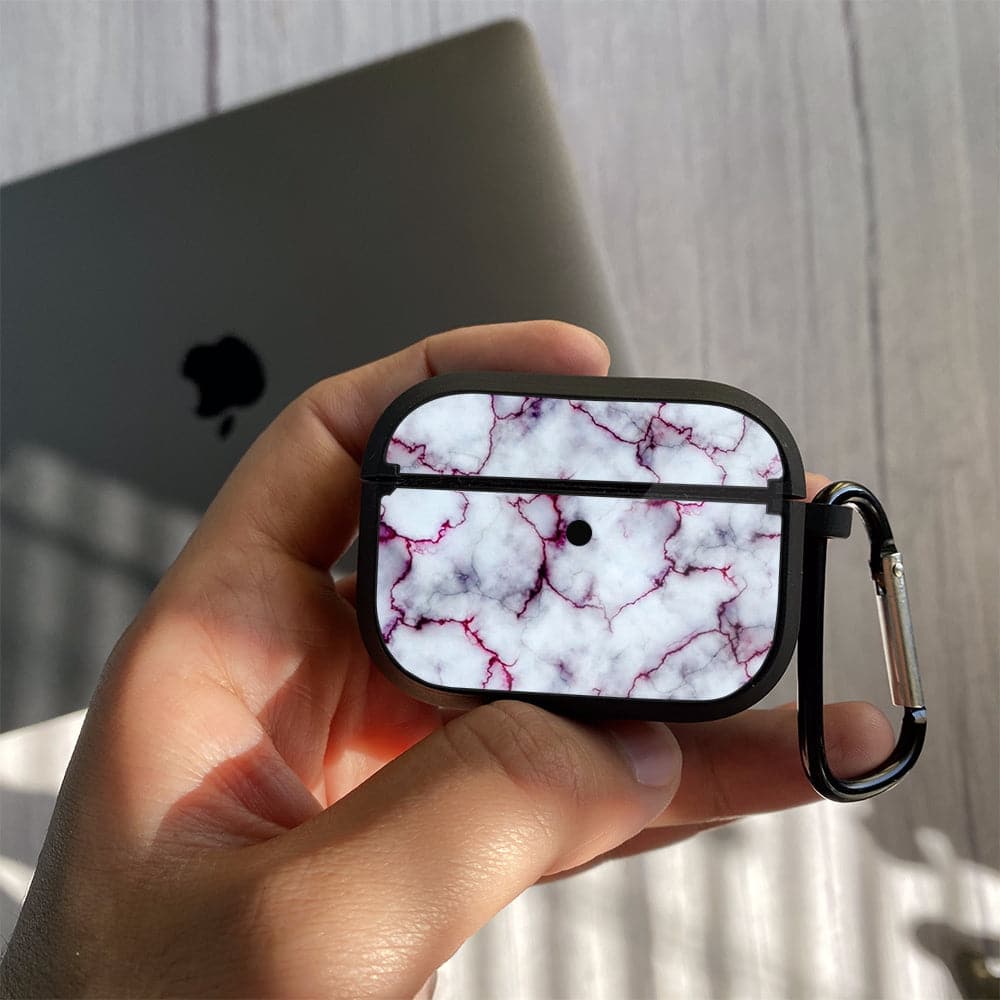 Apple Airpods Case - White Marble Series 01 - Premium Print with holding clip