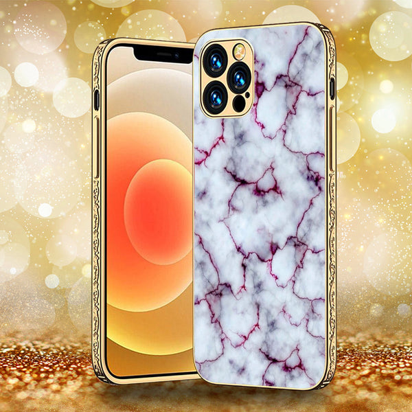 iPhone 13 Pro Max - White Marble Series - Premium Electroplated Infinity Ultra Shine Glass Soft Silicon Borders Case