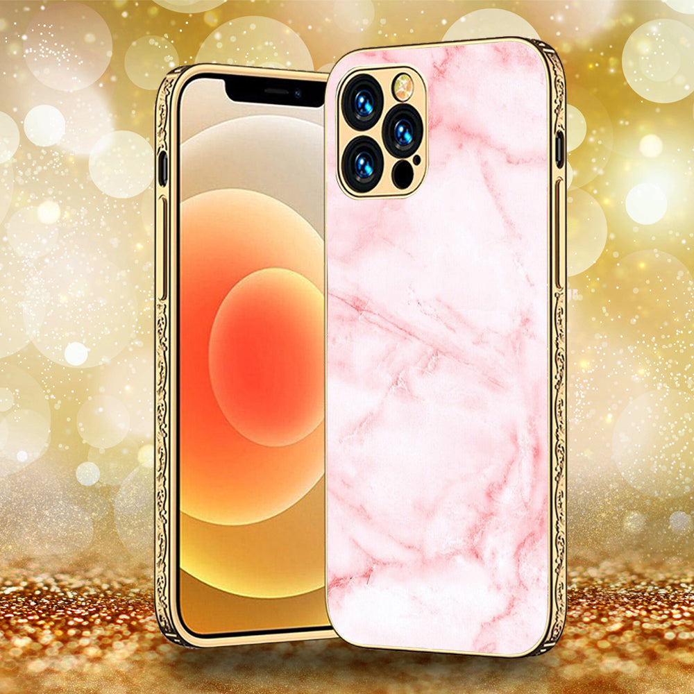 iPhone 13 Pro Max - Pink Marble Series - Premium Electroplated Infinity Ultra Shine Glass Soft Silicon Borders Case