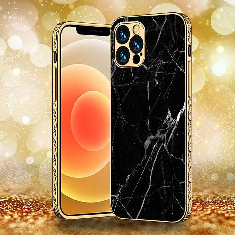 iPhone 13 Pro Max - Black Marble Series - Premium Electroplated Infinity Ultra Shine Glass Soft Silicon Borders Case