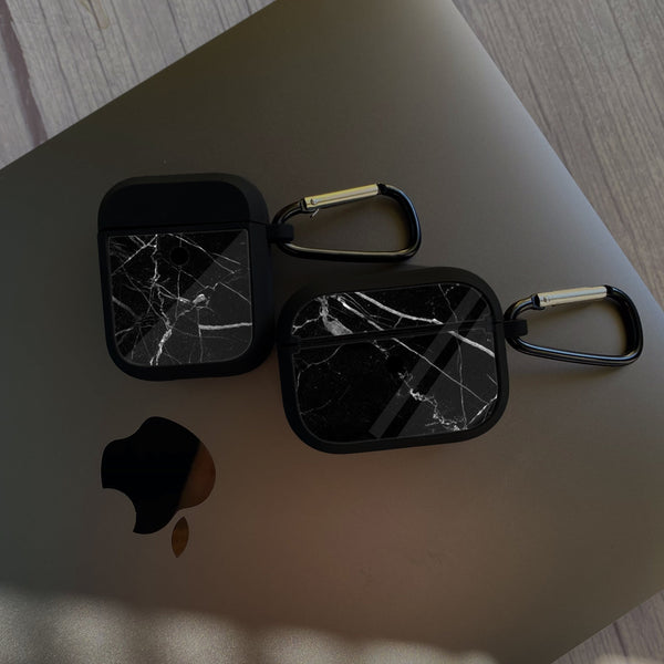 Apple Airpods Case - Black Marble Series 02 - Premium Print with holding clip