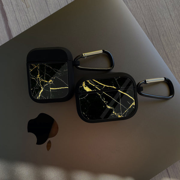 Apple Airpods Case - Black Marble Series 03 - Premium Print with holding clip