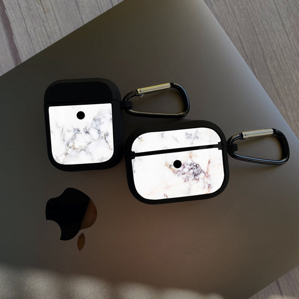 Apple Airpods Case - White Marble Series 03 - Premium Print with holding clip