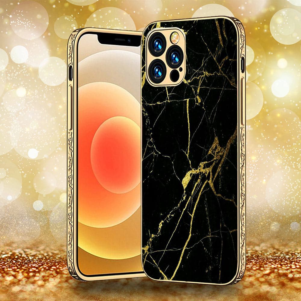 iPhone 13 Pro Max - Black Marble Series - Premium Electroplated Infinity Ultra Shine Glass Soft Silicon Borders Case