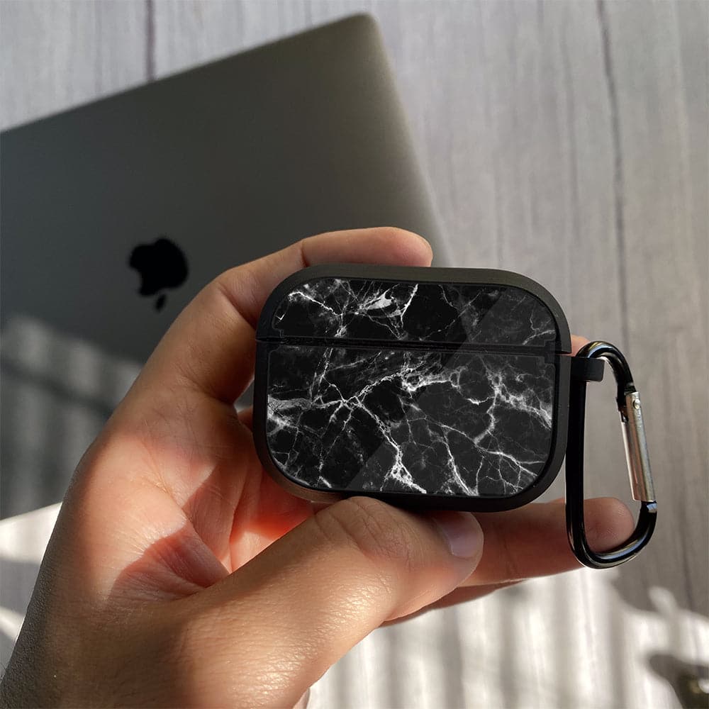Apple Airpods Case - Black Marble Series 04 - Premium Print with holding clip